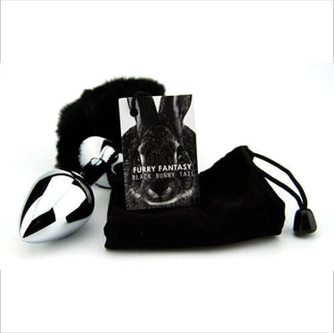 Furry Fantasy Black Bunny Tail Butt Plug - Faux Fur and Metal Butt Plug with drawstring bag